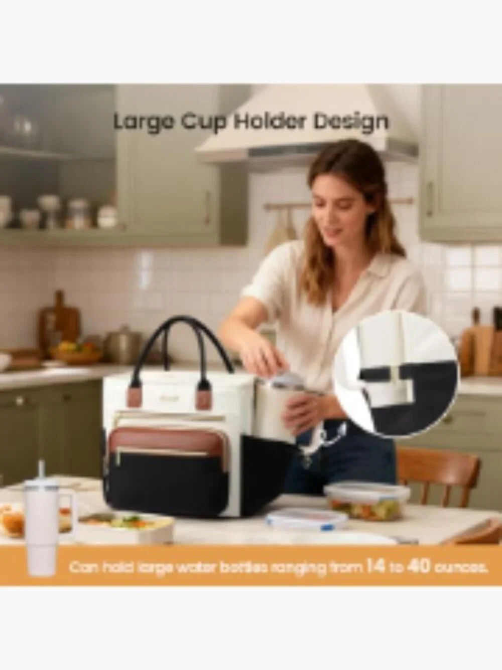 Large Insulated Lunch Bag for Women, Leakproof Cooler Tote with Cup Holder,